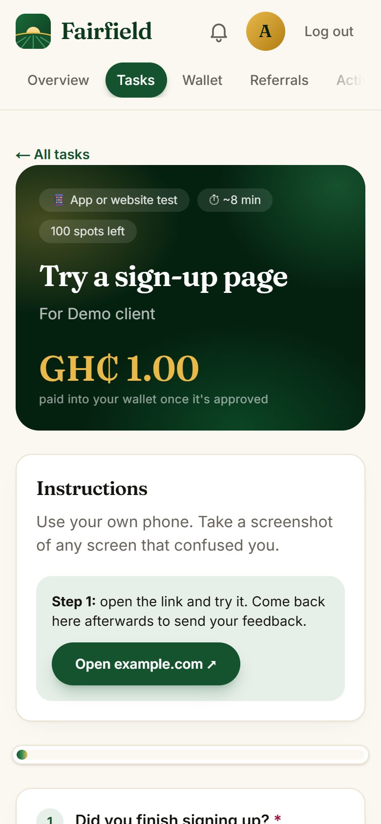 An app test task with a button to open the client's link