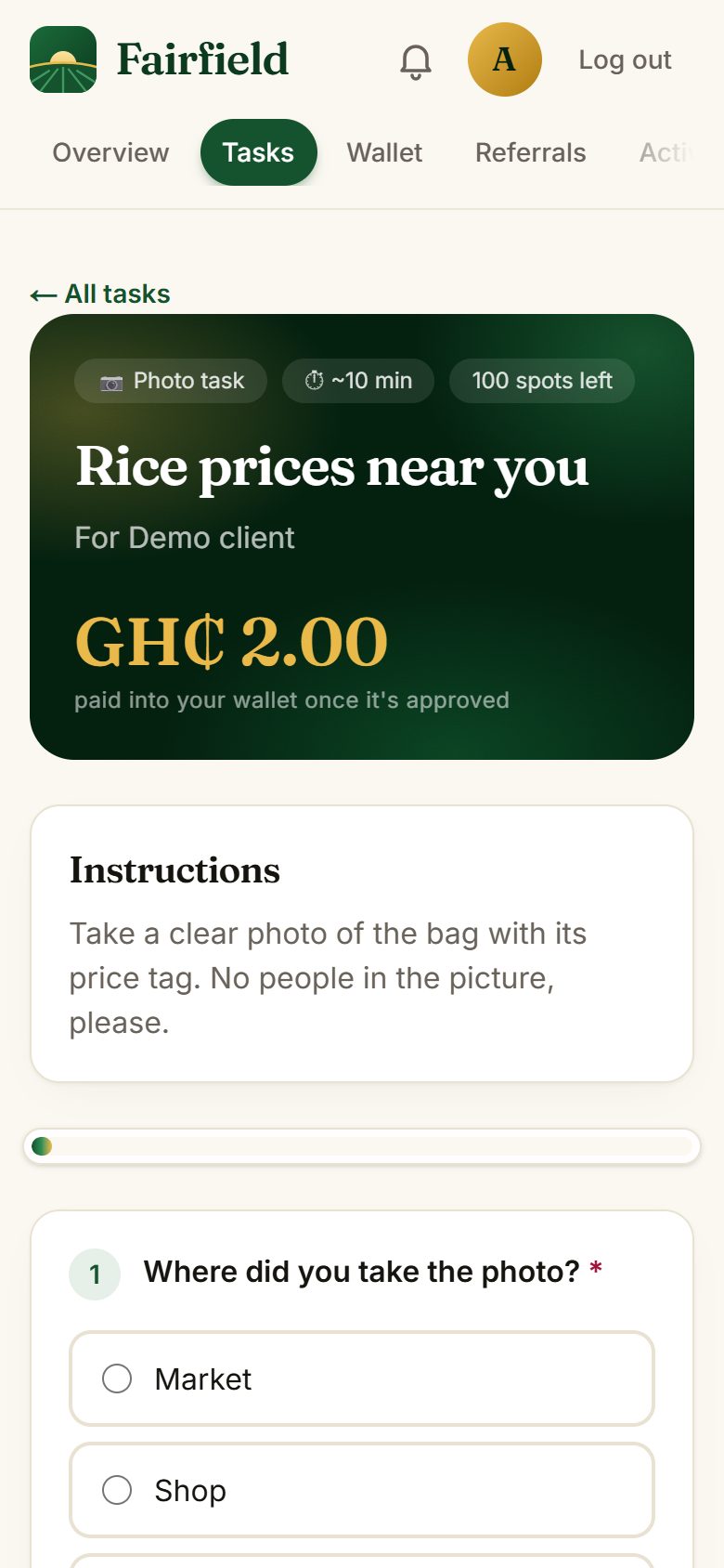 A photo task asking for rice prices at a nearby shop