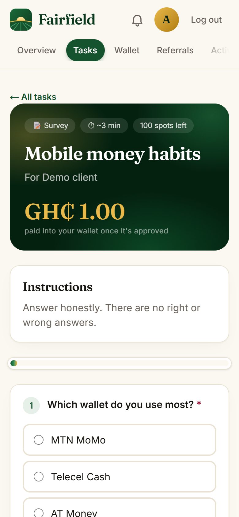 A survey task on a member's phone: title, client and reward