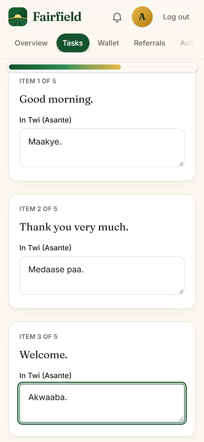 English sentences being translated into Twi on a phone