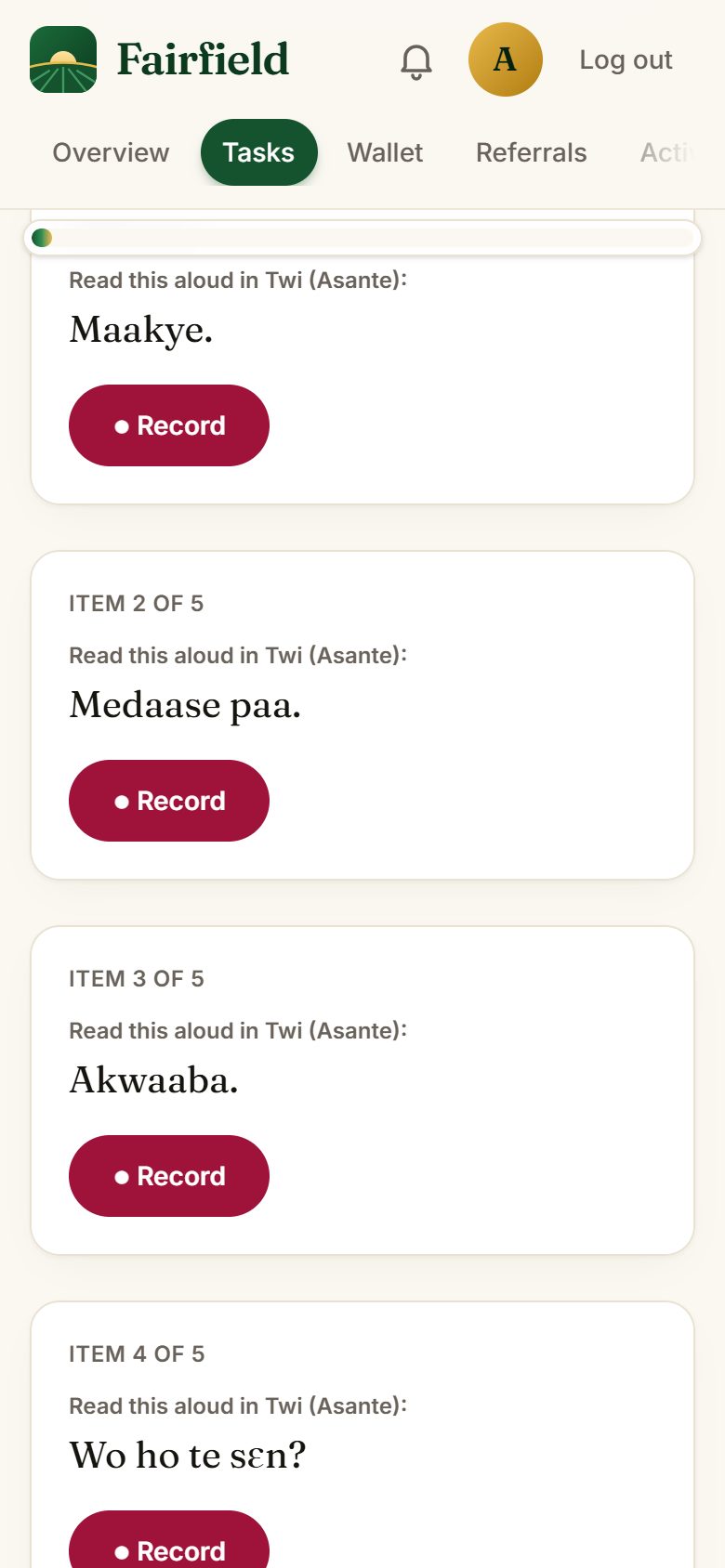 Twi sentences with a Record button under each